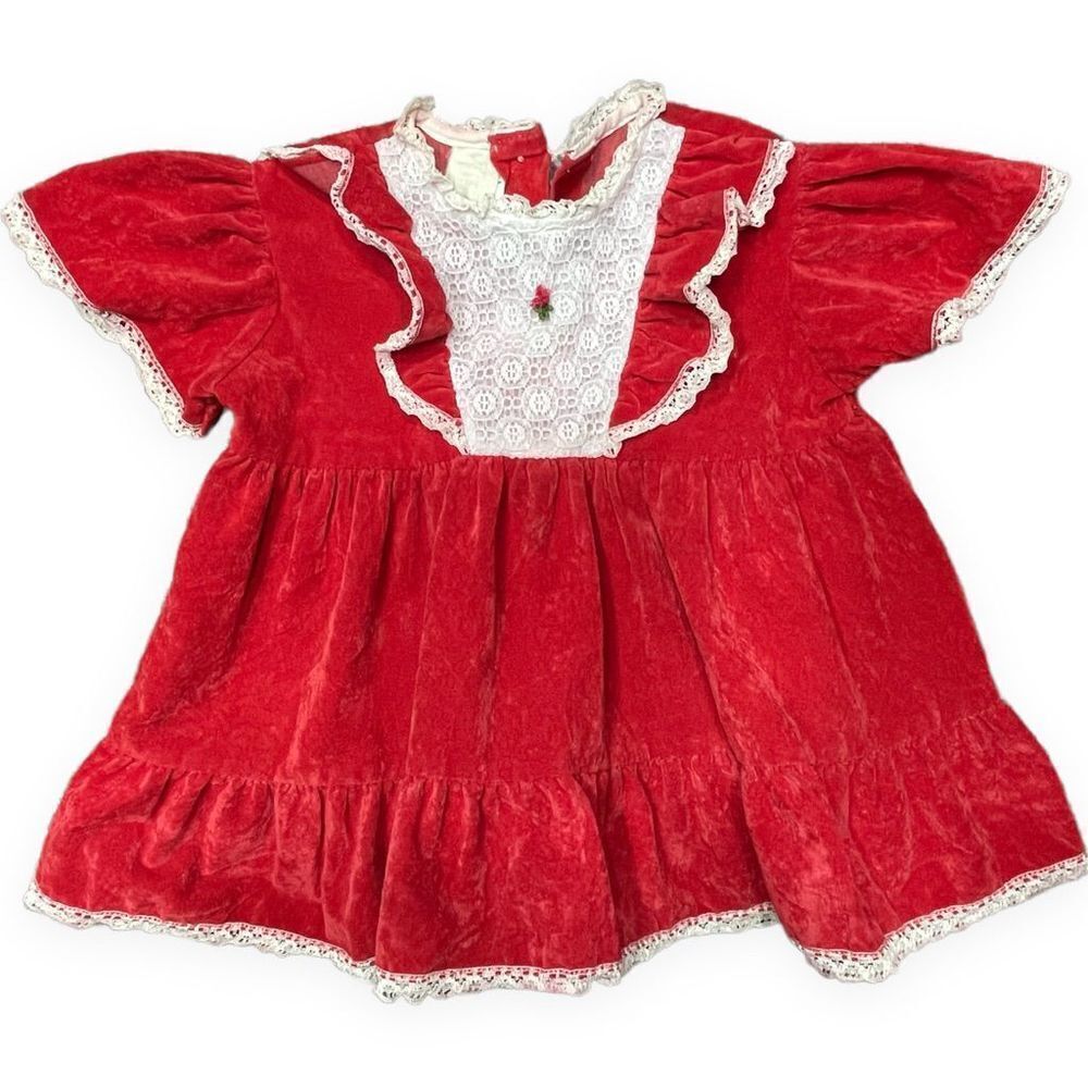 Vintage Girls Red Velvet White Lace Christmas Dress 12mo Union Made Tag 80s